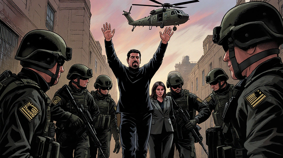 Maduro surrendering with Delta Force around him and Flores escorted while a helicopter takes off.