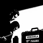 Handcuffed figure being led away with faded suitcase marked Venezuela 1988 and faint Panama skyline hinting extradition