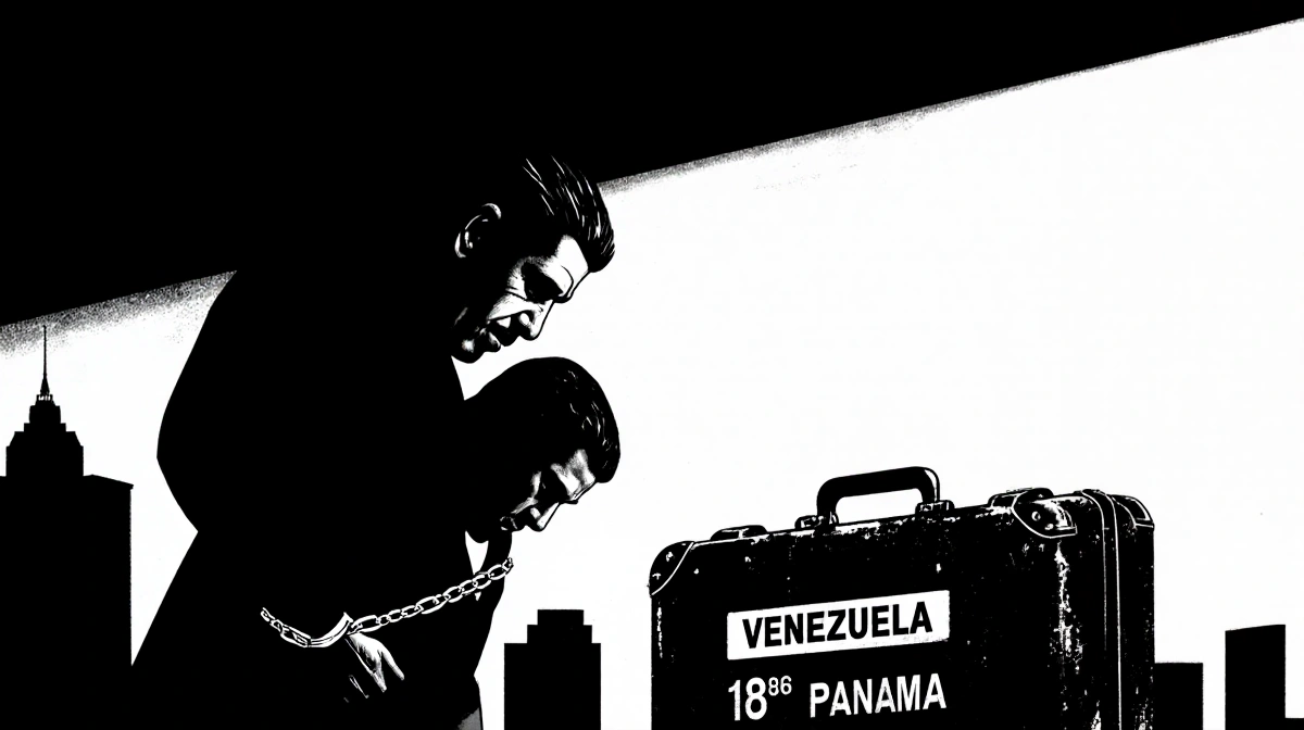 Handcuffed figure being led away with faded suitcase marked Venezuela 1988 and faint Panama skyline hinting extradition