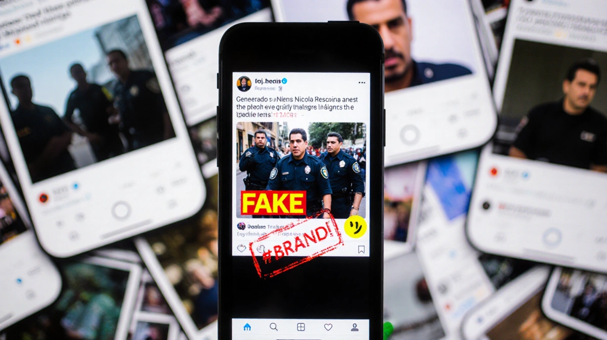 Smartphone screen shows fake arrest image with DEA agents flanking Maduro and brand text overlay amid chaotic feed