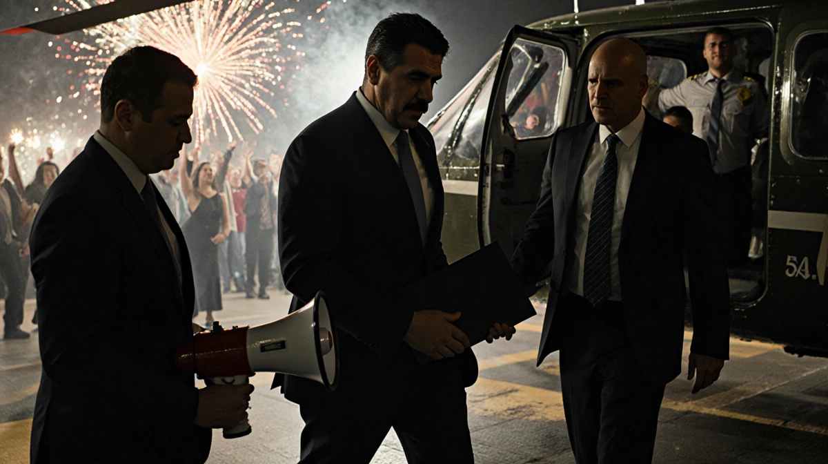 Nicolás Maduro steps out of a helicopter landing pad with two DEA agents and fireworks over Brooklyn.