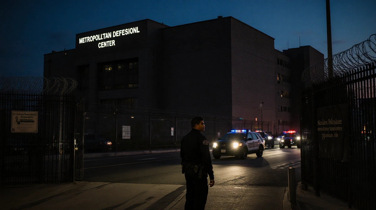 Nicolás Maduro looking back at camera with police motorcade fading into distance near Brooklyn detention center entrance