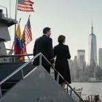 Maduro and wife standing on gangway looking out at New York skyline with American flags on deck and Coast Guard vessels refle