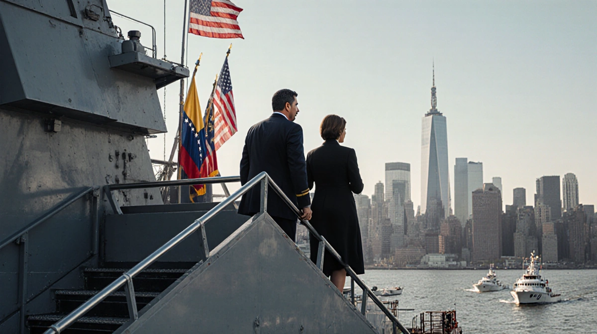 Maduro and wife standing on gangway looking out at New York skyline with American flags on deck and Coast Guard vessels refle