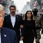 President Nicolás Maduro escorted by US military with Vice President Rodríguez standing beside him and chaotic Venezuelan cit