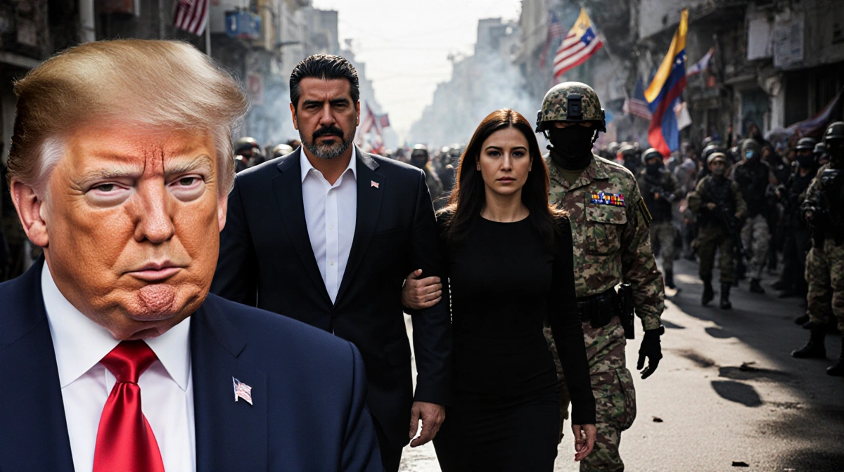 President Nicolás Maduro escorted by US military with Vice President Rodríguez standing beside him and chaotic Venezuelan cit