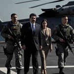 President Maduro escorted by two U.S. troops on USS Iwo Jima deck with helicopter hovering
