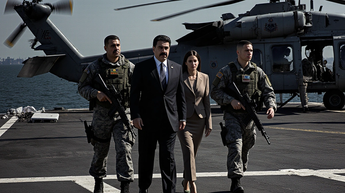 President Maduro escorted by two U.S. troops on USS Iwo Jima deck with helicopter hovering