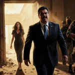 President Maduro being escorted out of the Venezuelan government building with U.S. soldiers and Cilia Flores protesting