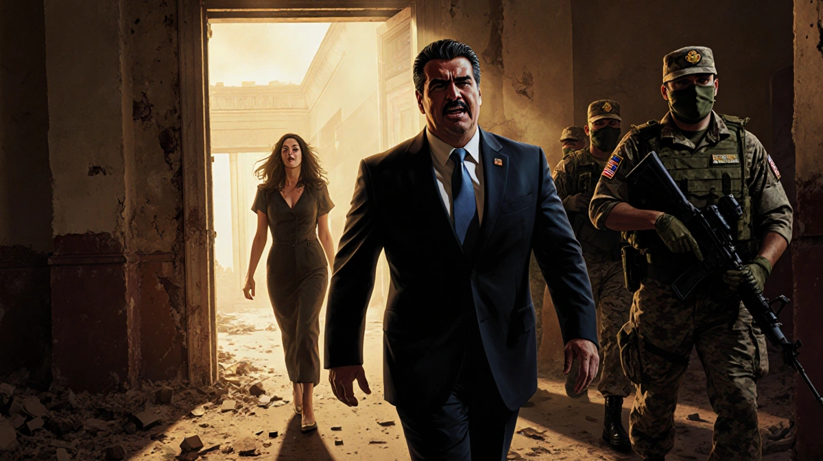 President Maduro being escorted out of the Venezuelan government building with U.S. soldiers and Cilia Flores protesting