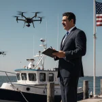 President Maduro standing on docked fishing boat holding notebook with American flag fluttering and drone hovering above
