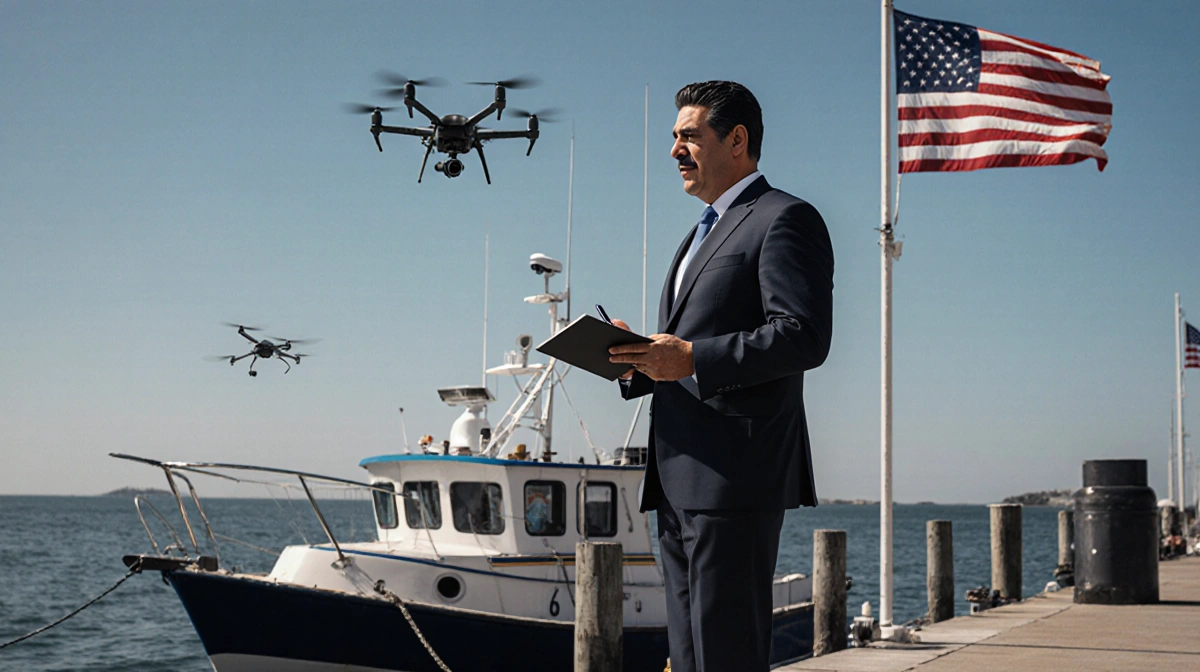 President Maduro standing on docked fishing boat holding notebook with American flag fluttering and drone hovering above
