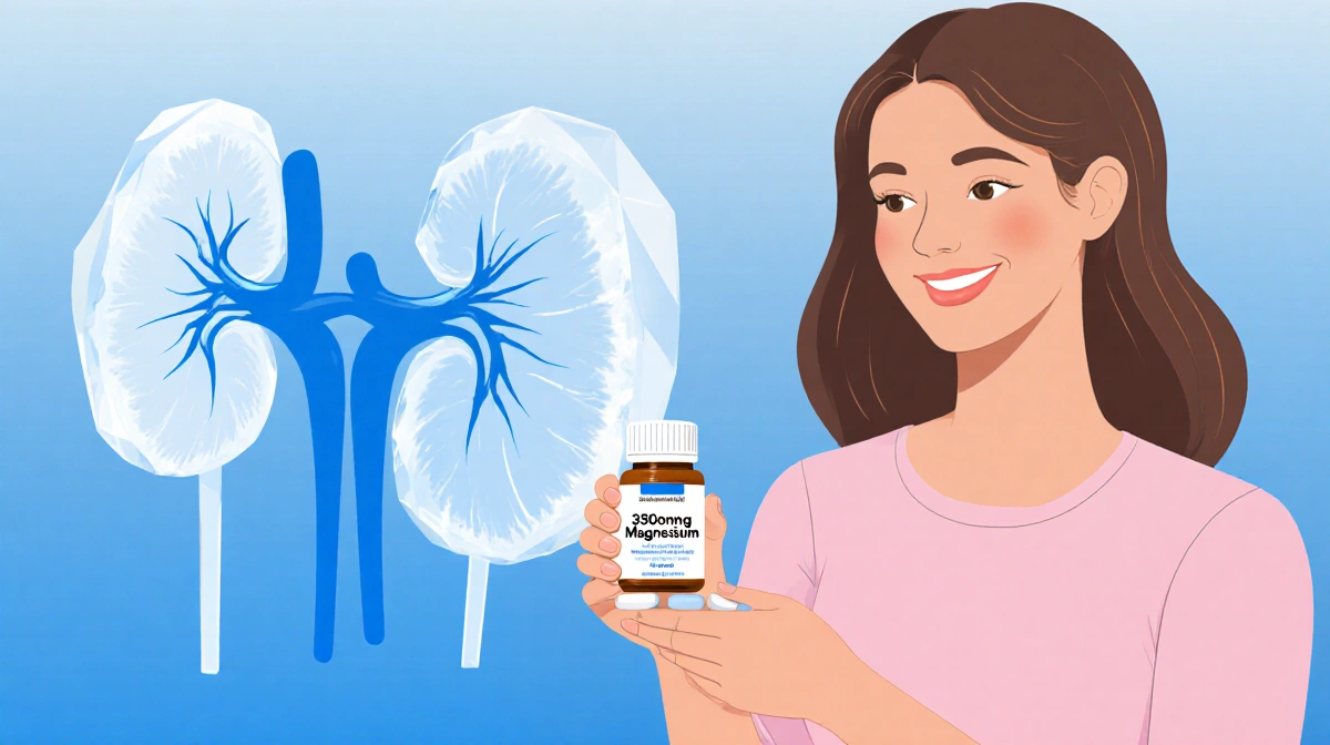 Woman holding magnesium supplement bottle with kidney-shaped crystal behind and blue gradient background and safe intake