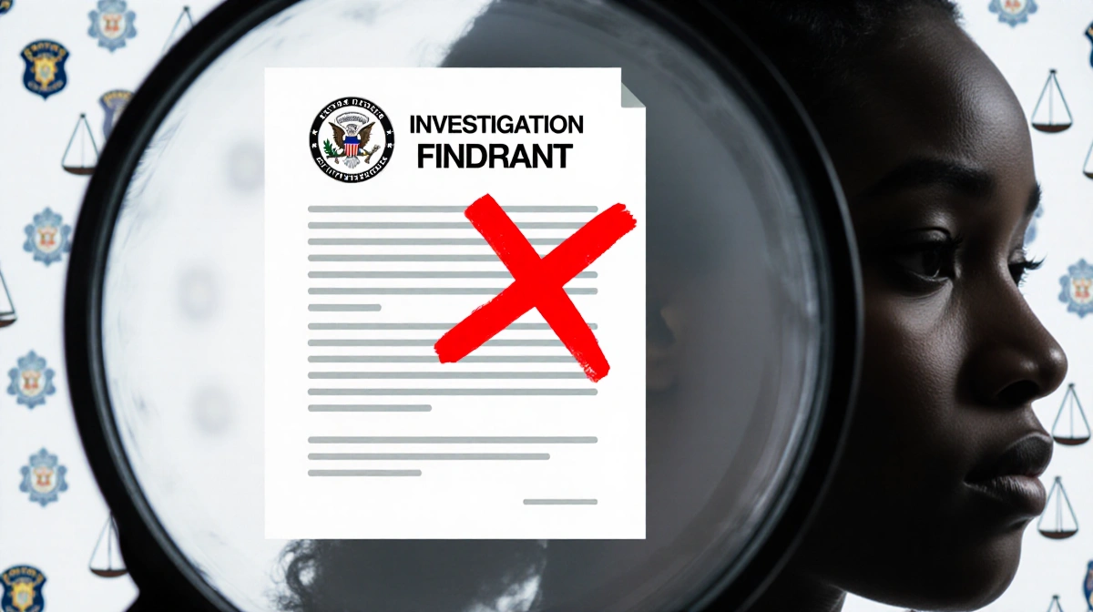 Magnifying glass examines a warrant with a red X and police badges and scales in the backdrop hinting at Breonna Taylor