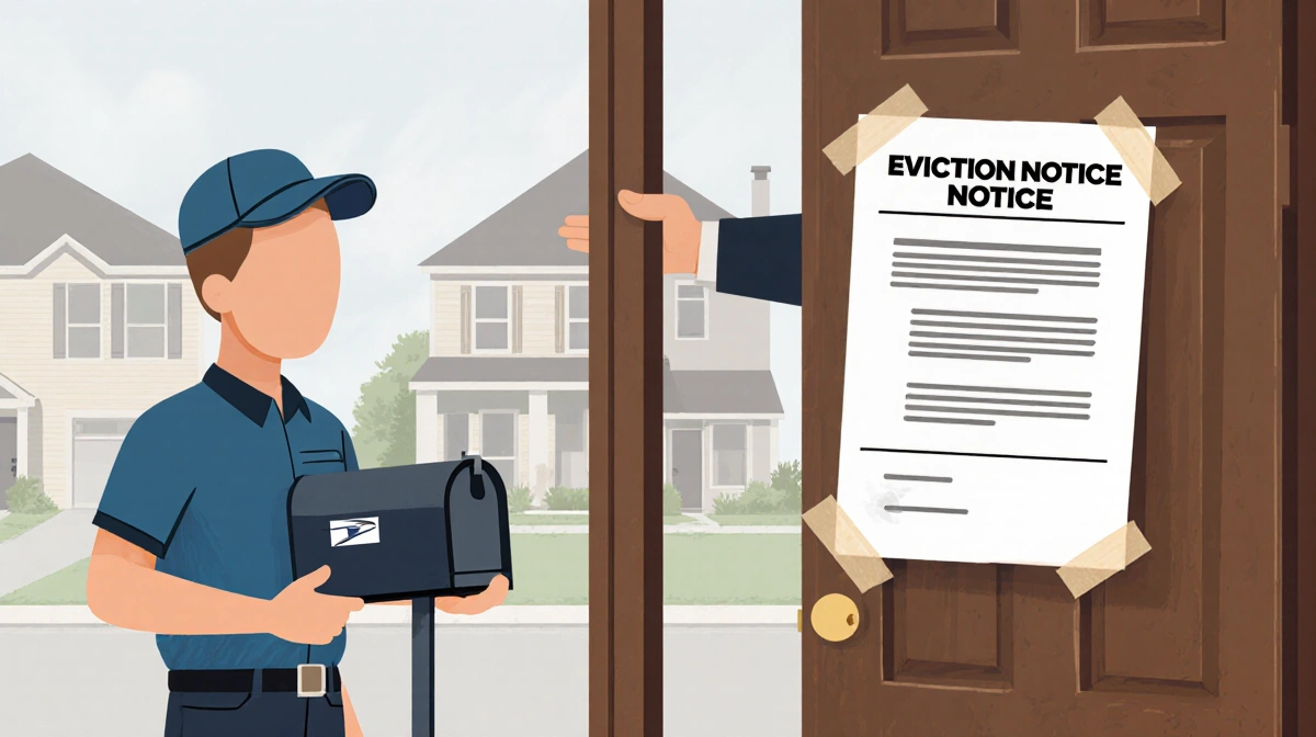 Mailman standing on porch with mailbox while Texas landlord holds eviction notice on ajar door