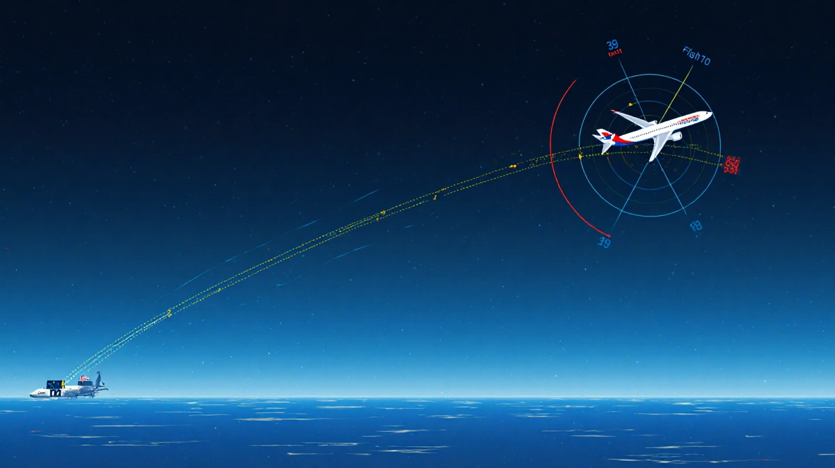 Flight 370 vanishes into darkness with flight path crossing two radar beams over a blue night sky