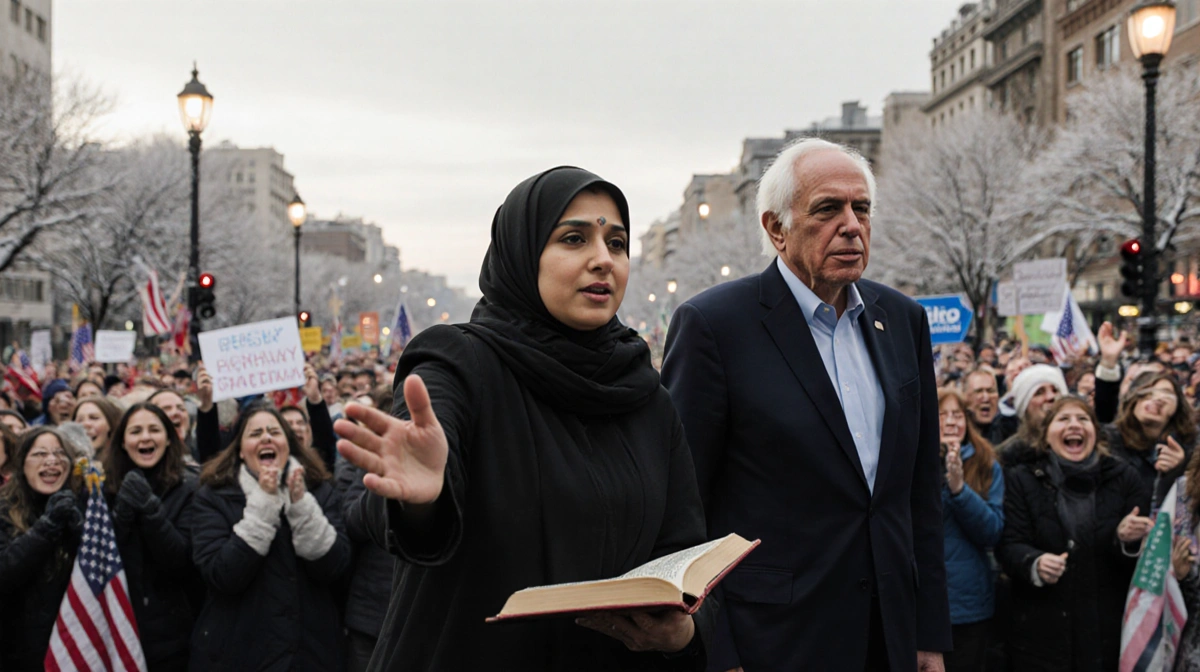 Zohran Mamdani raises hand over a Quran with Bernie Sanders watching and a frosty Broadway crowd cheering in background