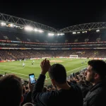 Manchester United fans hold phones in stadium lights with a frustrated fan leaning forward.