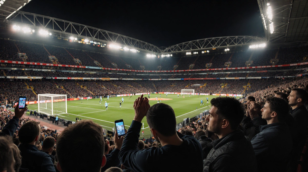 Manchester United fans hold phones in stadium lights with a frustrated fan leaning forward.
