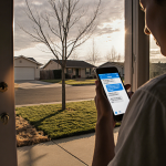 Homeowner checking smartphone showing HOA message with warm porch light on lush lawn among drought‑stricken yards