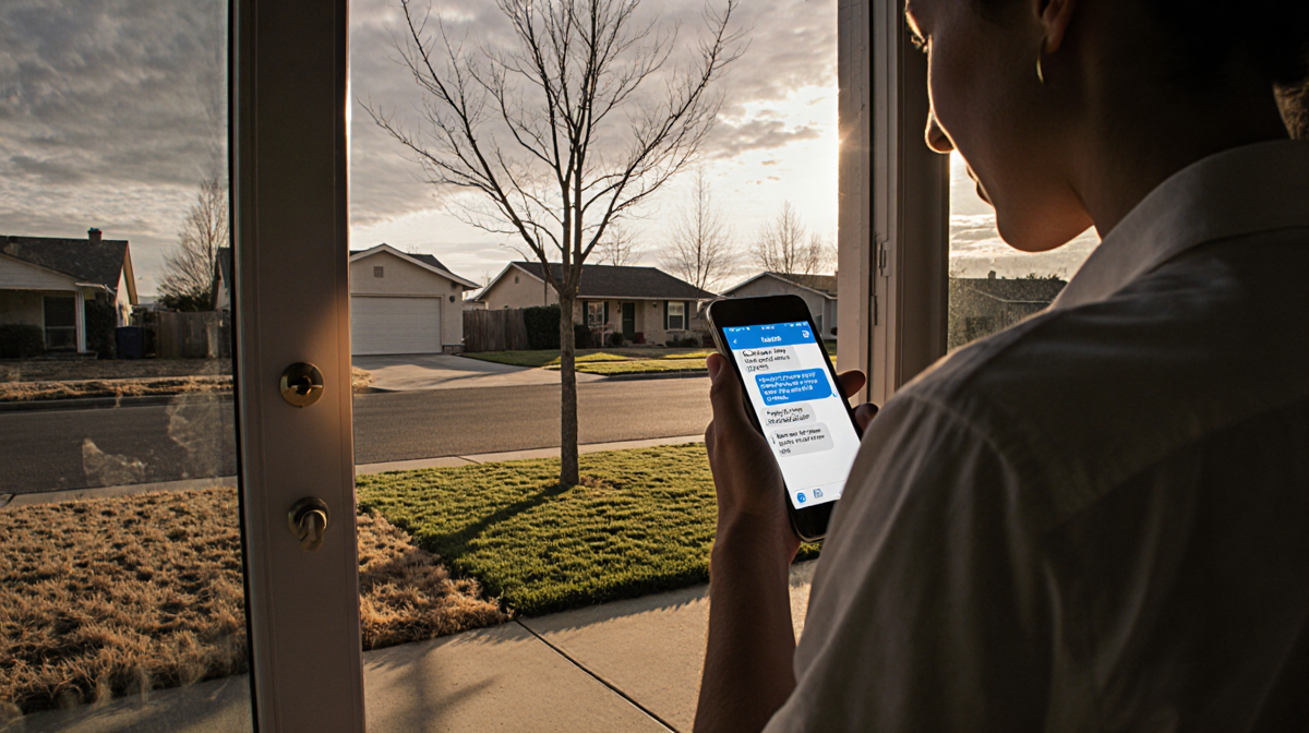 Homeowner checking smartphone showing HOA message with warm porch light on lush lawn among drought‑stricken yards