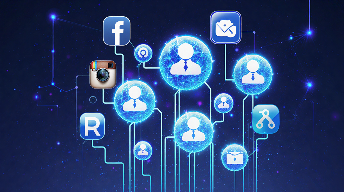Cluster of glowing blue AI orbs connecting with Meta app icons and pulsing lines in a neon futuristic design.
