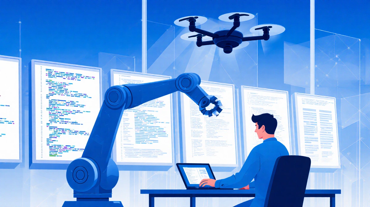 Researcher typing on laptop with hovering robotic arm in an AI research lab with screens showing code and papers