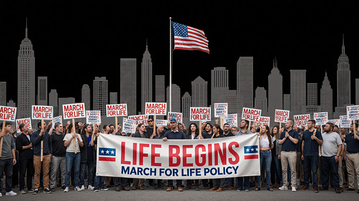 Crowd holding Life Begins signs marches with American flag and March for Life banner in city skyline pro-life rally signs