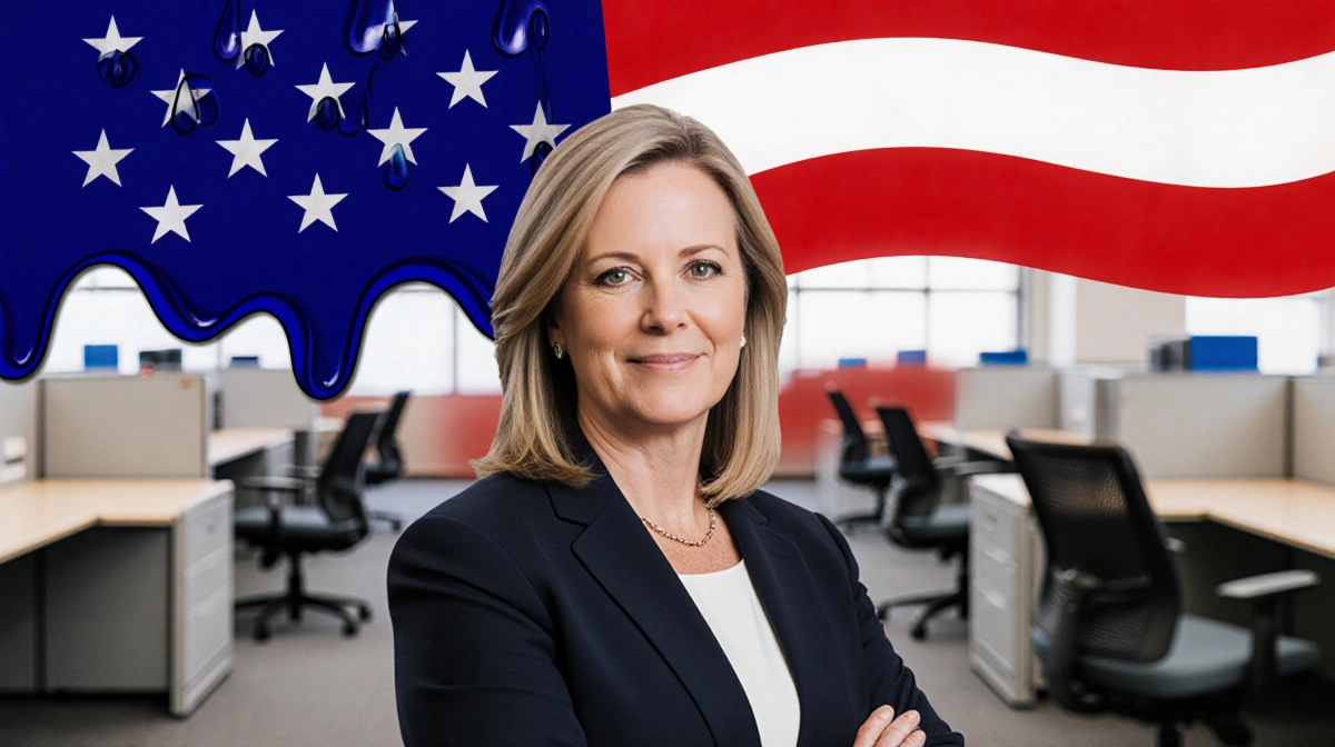 Marci McCarthy standing with a stylized American flag with subtle tear effect and blurred empty office chairs behind her her 