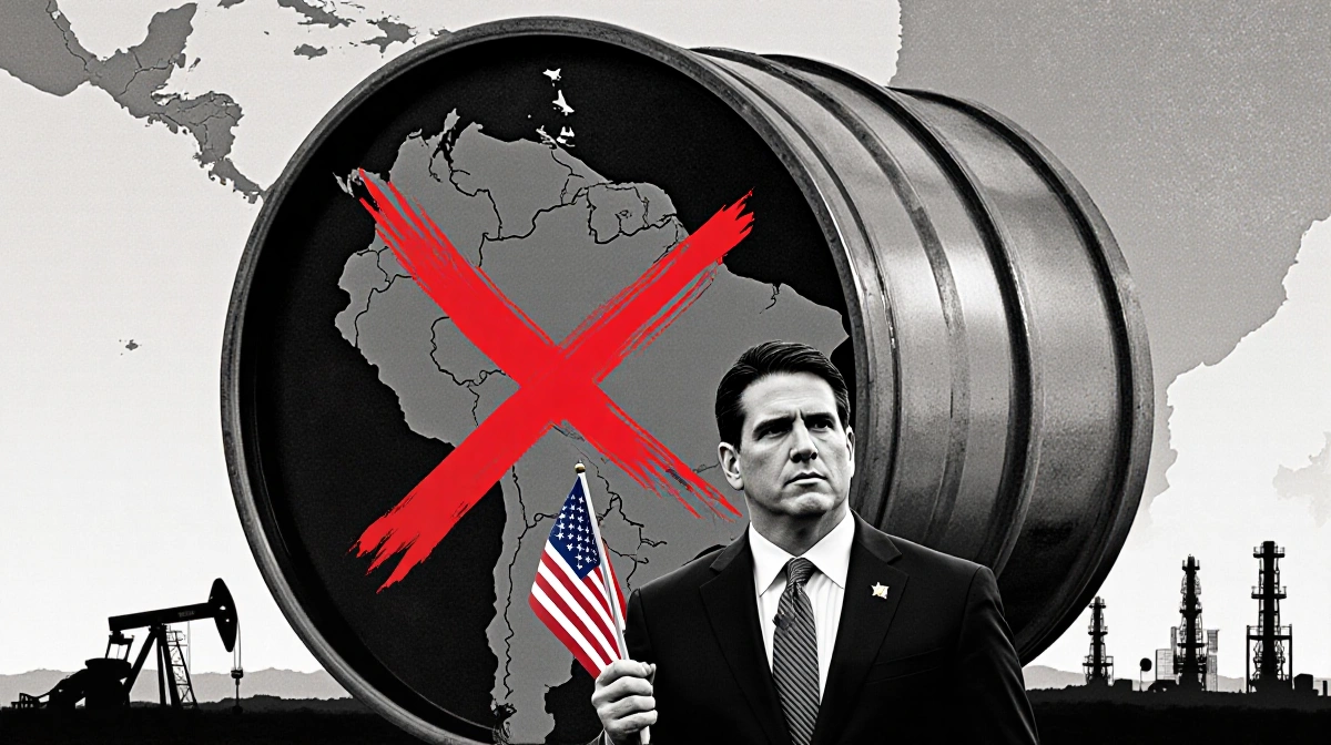 Marco Rubio standing with American flag before a large oil barrel marked with a red X, amid a Venezuela embargo map and rigs.