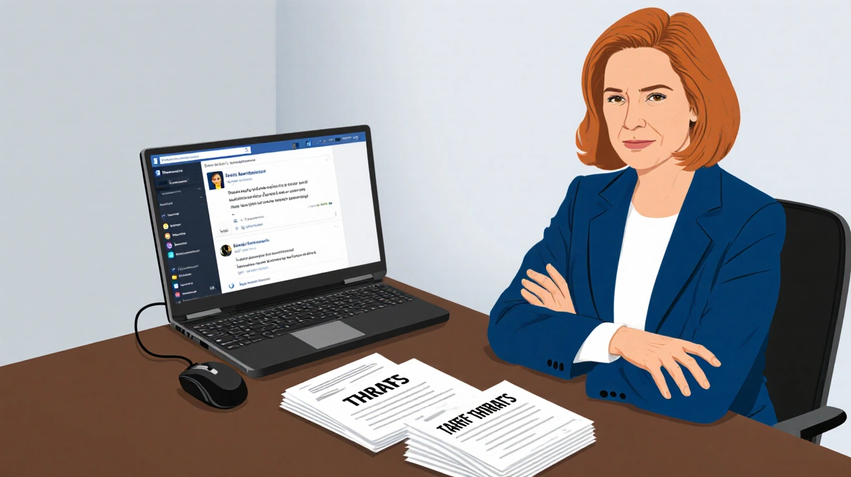 Swedish Foreign Minister Maria Malmer Stenergard typing on laptop with social media notifications and tariff documents on des