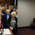 Crowd gathers around podium with Marjorie Taylor Greene standing and empty room with papers and chair showing opinions