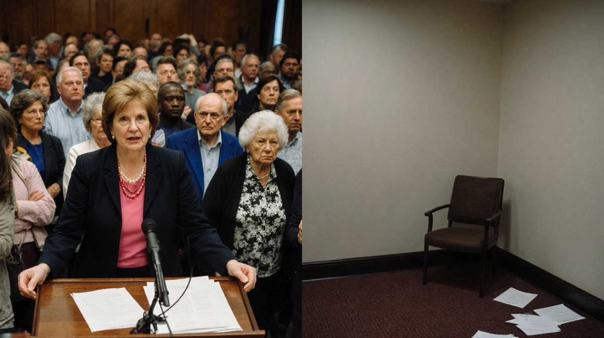 Crowd gathers around podium with Marjorie Taylor Greene standing and empty room with papers and chair showing opinions