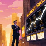 Businessman standing confidently near a large ticker with rising stock prices and a gold‑tinted city skyline at dusk
