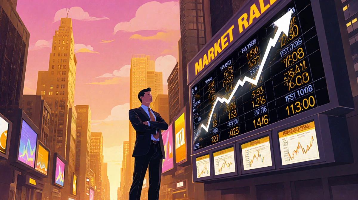Businessman standing confidently near a large ticker with rising stock prices and a gold‑tinted city skyline at dusk