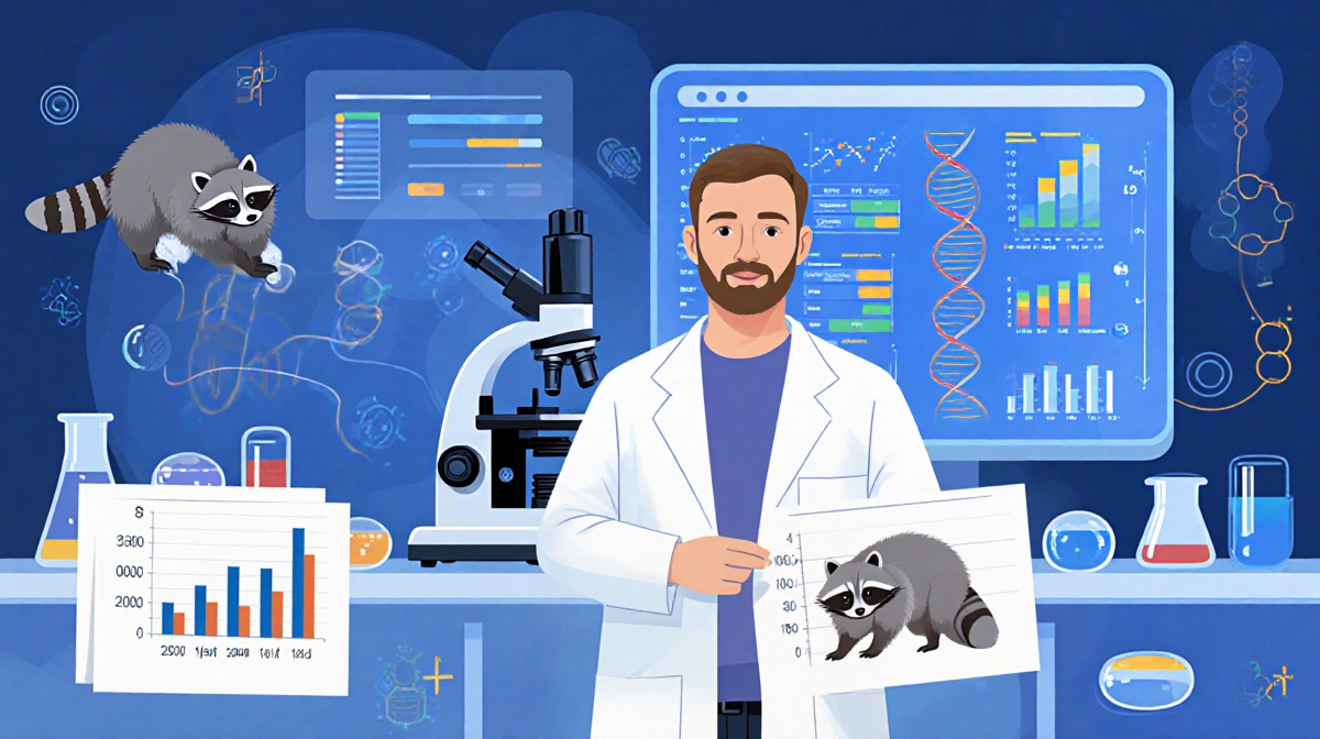 Martin Johnsson analyzing genetic data on screen with raccoon statistics charts and laboratory equipment behind him