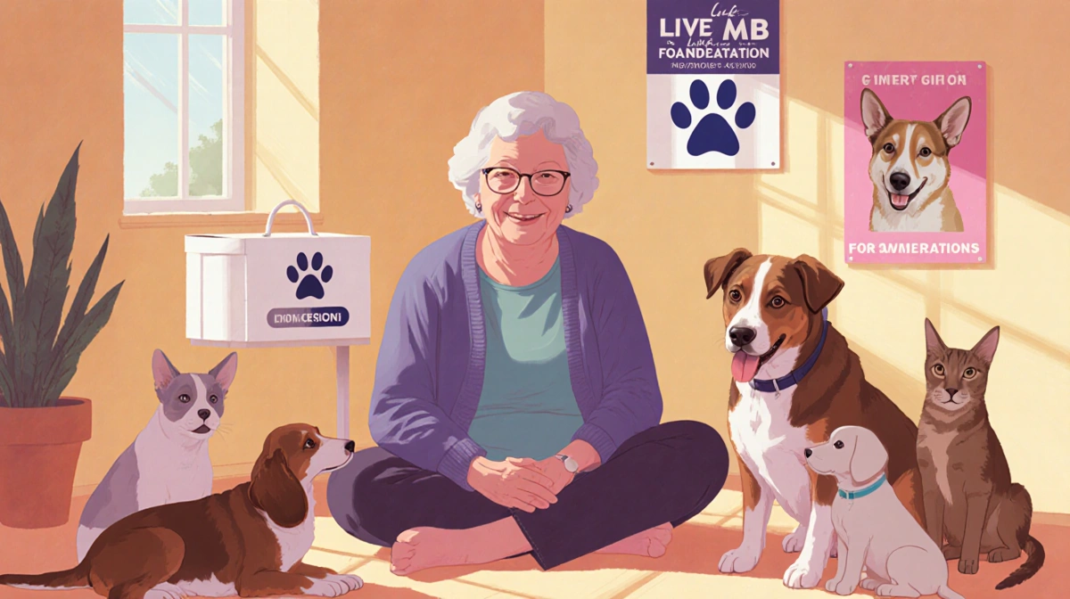 Mary Barrett smiles beside her dog Pete with adoption posters and a donation box near her.