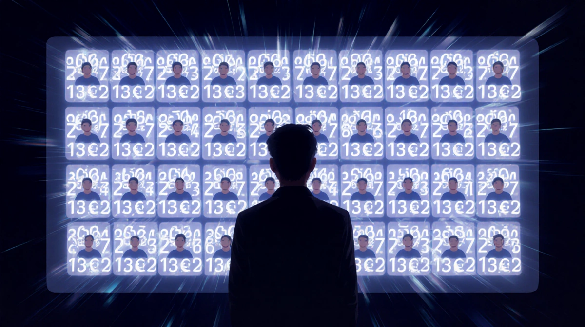 Silhouette looks shocked at massive screen with glowing phone numbers and profile photos revealing mass contact discovery