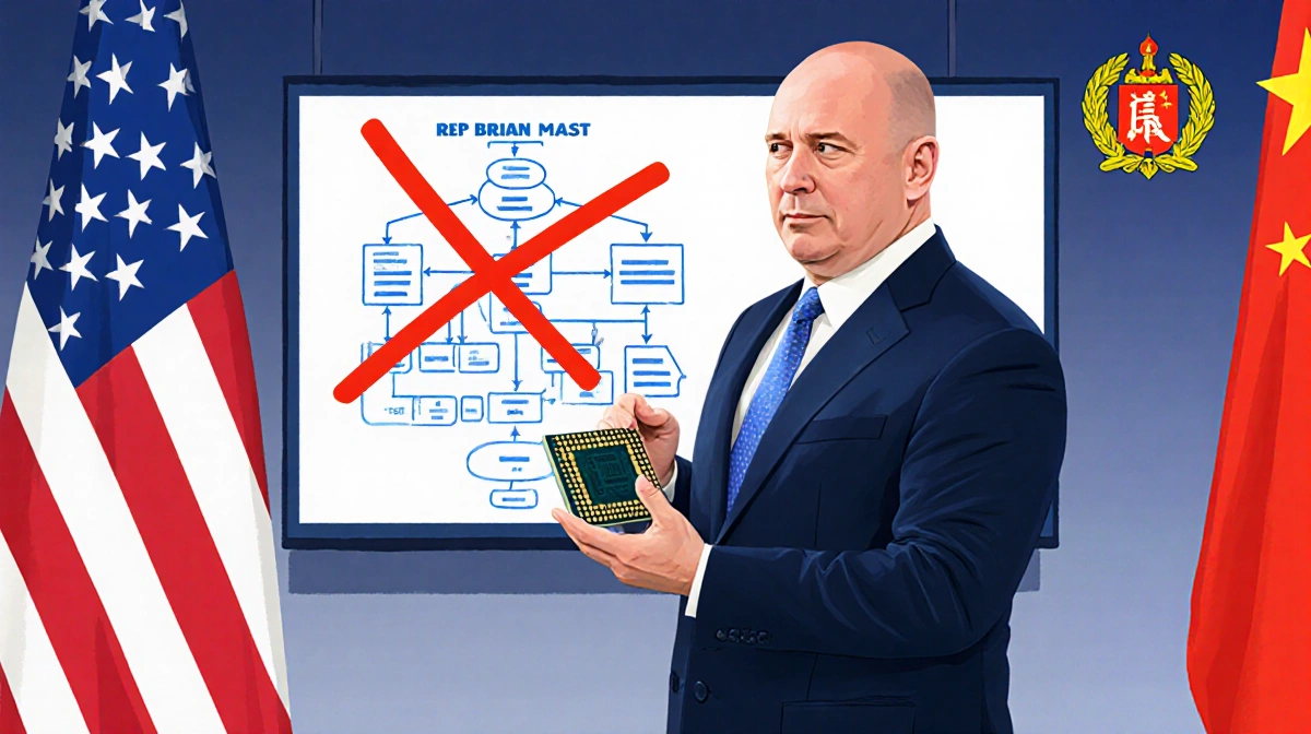 Congressman Brian Mast holds a microchip with AI algorithm diagram crossed out and flags showing US China tech policy