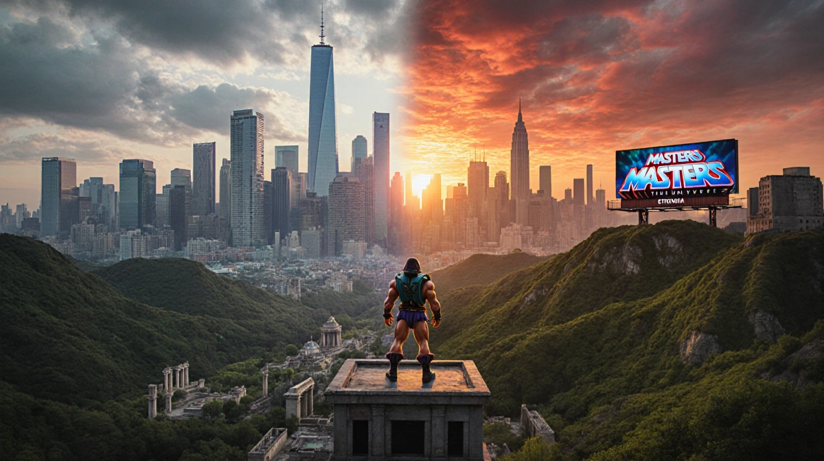 Lone hero stands on skyscraper overlooking merged Eternian and Earth cityscape with Masters of the Universe billboard and fie