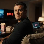 Matt Damon sits in cluttered living room with Netflix screens glowing around him and popcorn boxes scattered on couch