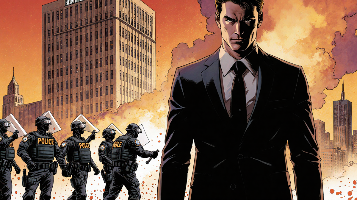 Matt Murdock posing as vigilante before city skyline in black suit with building showing riot gear.