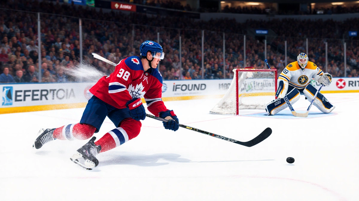 Toronto Matthews unleashes a one-timer with the puck flying toward the goal while goalie Rittich leans back on the icy rink.