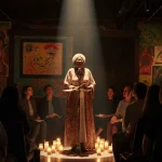 Maya Angelou performing spoken word poetry onstage with golden candlelight and captivated audience seated in semicircle