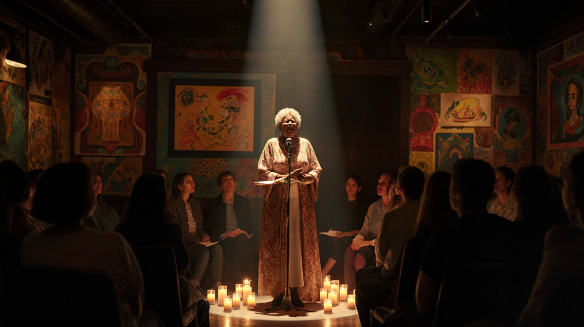 Maya Angelou performing spoken word poetry onstage with golden candlelight and captivated audience seated in semicircle