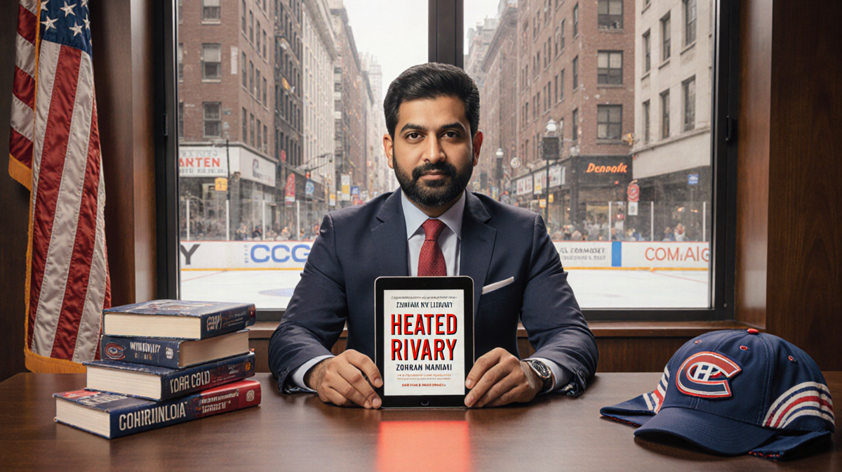 Mayor Zohran Mamdani sits at a desk holding a tablet showing Heated Rivalry with e-book downloads and NYC streets visible