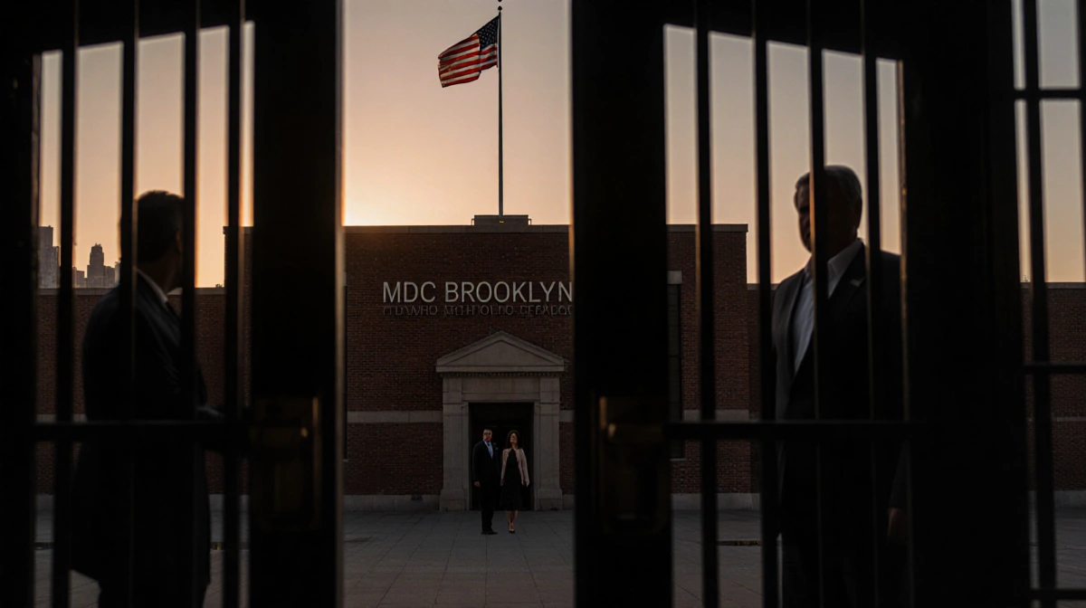 Security doors open at MDC Brooklyn showing Maduro and wife in shadows with warm dusk light and flag