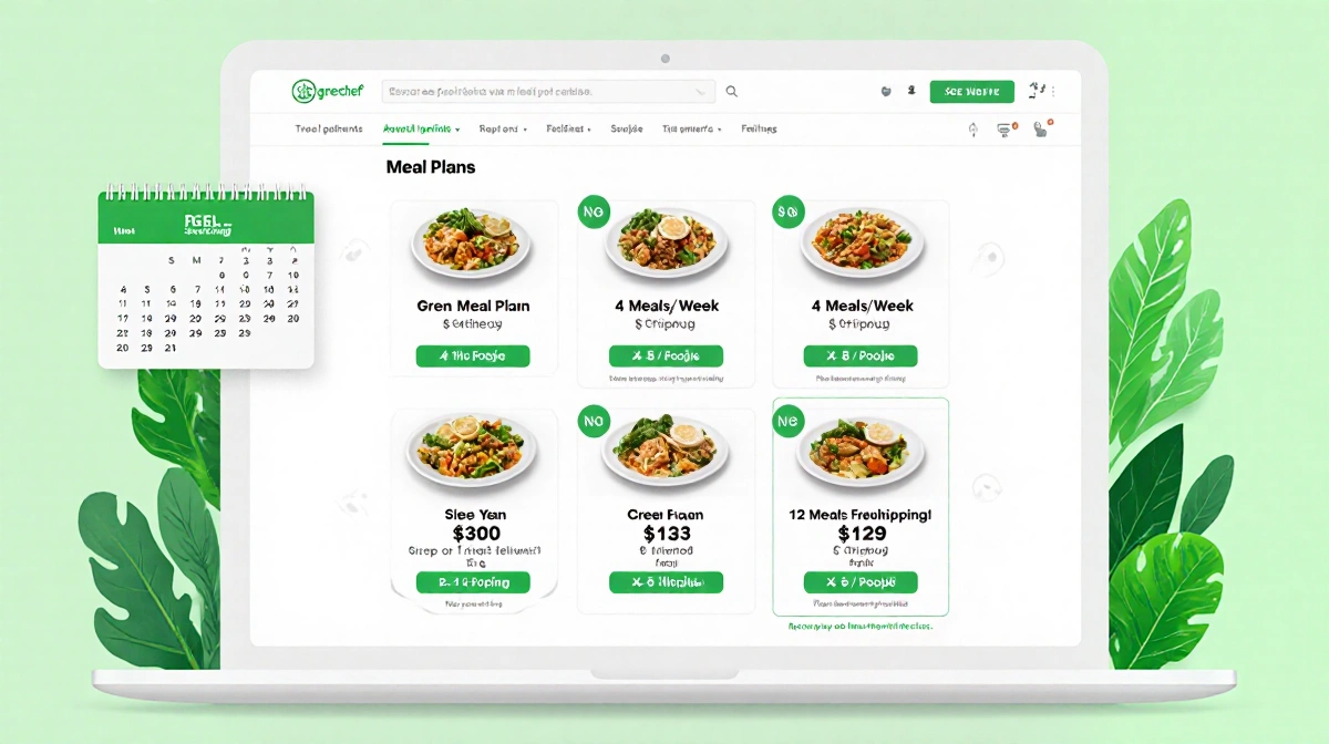 Laptop screen shows meal delivery plan with prices $13 and $11 shipping and a calendar background green leafy healthy greens