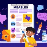 Child holding a thermometer with vaccine syringes and medical tools nearby illustrating measles vaccination urgency.