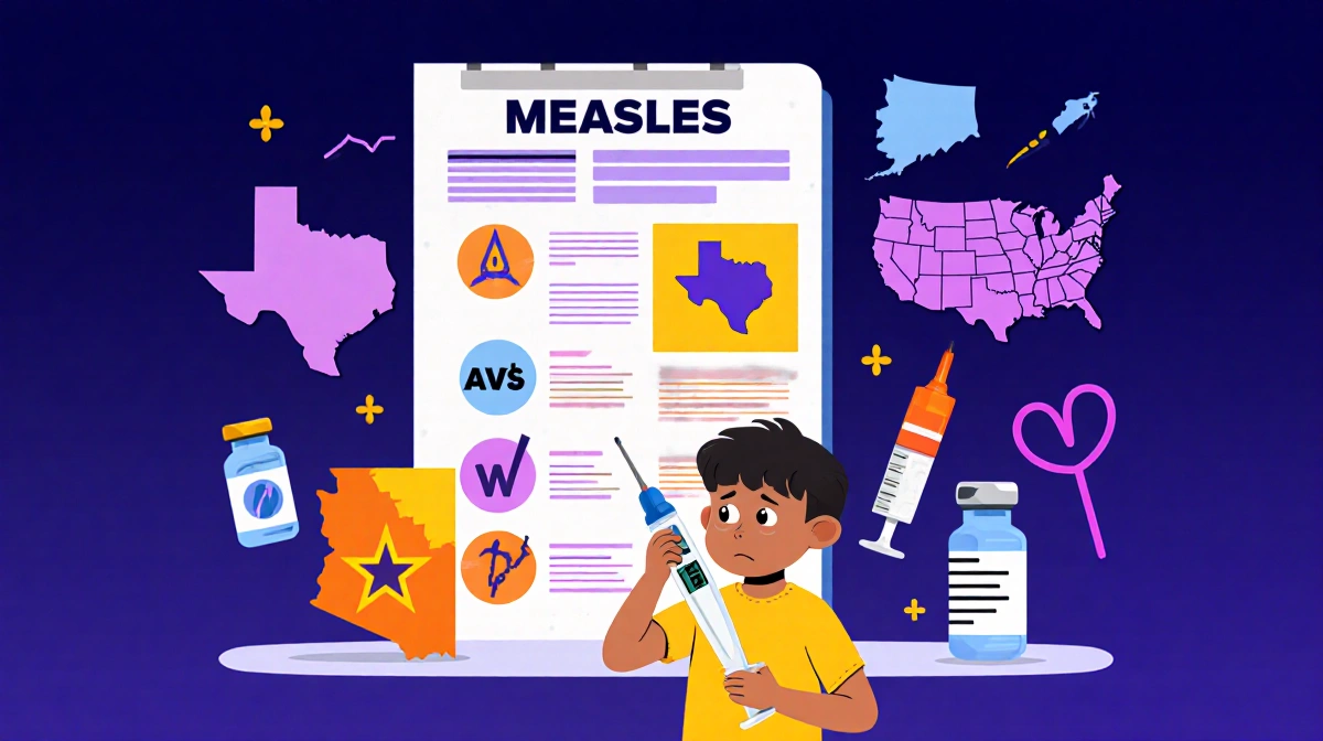 Child holding a thermometer with vaccine syringes and medical tools nearby illustrating measles vaccination urgency.